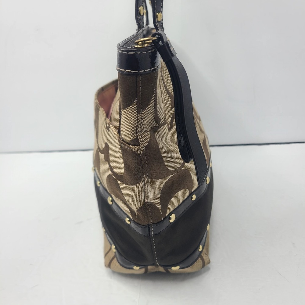COACH Signature Stripe Studded Brown Tote Handbag Monogram C Pattern F20014 - Picture 3 of 10